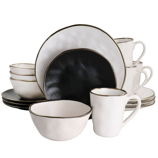 Elama Roman 16 Piece Stoneware Dinnerware Set in Assorted Matte with Gold Rim W2B