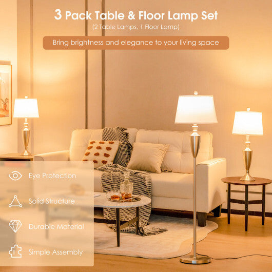 3 Piece Lamp with Set Modern Floor Lamp and 2 Table Lamps-Silver