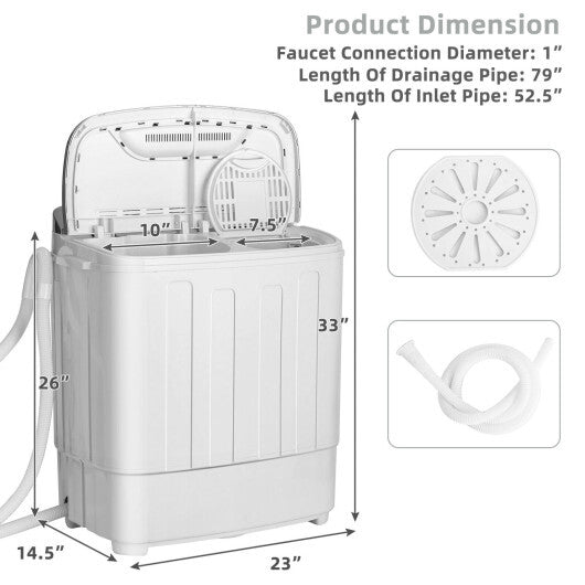 8 Lbs Compact Mini Twin Tub Washing Spiner Machine for Home and Apartment