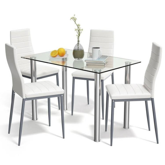 Modern 5-Piece Dining Set with Glass Top Table and 4 White PVC Leather Chairs