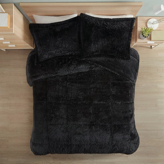Full/Queen Black Soft Sherpa Faux Fur 3-Piece Comforter Set with Pillow Shams