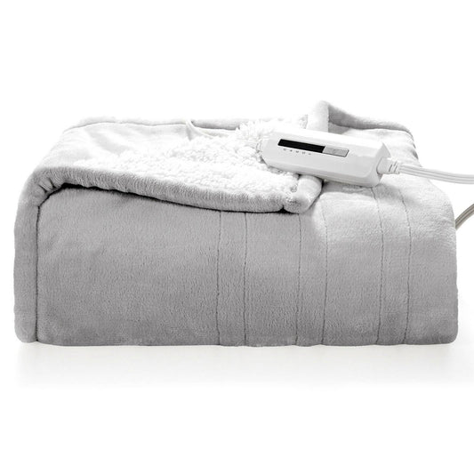 Heated Electric Sherpa Throw Blanket in Grey/White