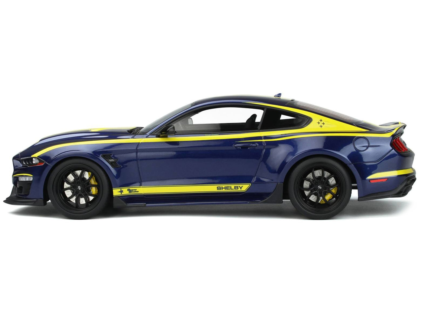 2021 Shelby Mustang Super Snake Coupe Blue Metallic with Yellow Stripes 1/18 Model Car by GT Spirit