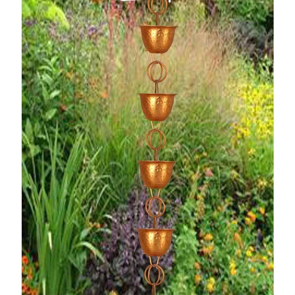 Hammered Copper Cups 8.5-Feet Rain Chain Rain Gutter Downspout Alternative