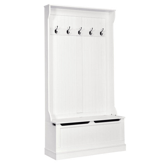 3-in-1 Entryway Hall Tree Coat Rack Shoe Bench with Hooks and Bottom Storage-White