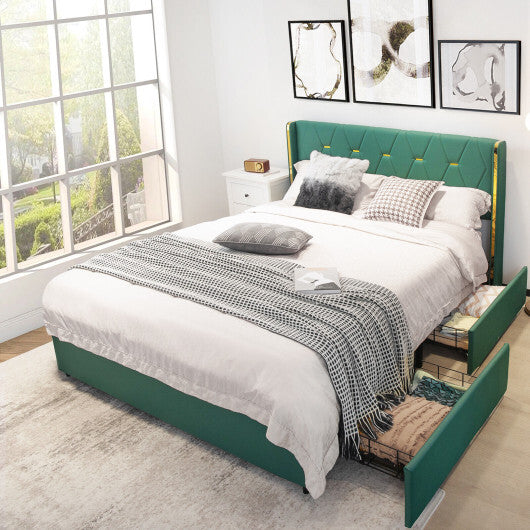 Full/Queen Size Upholstered Bed Frame with 4 Drawers-Green-Full Size