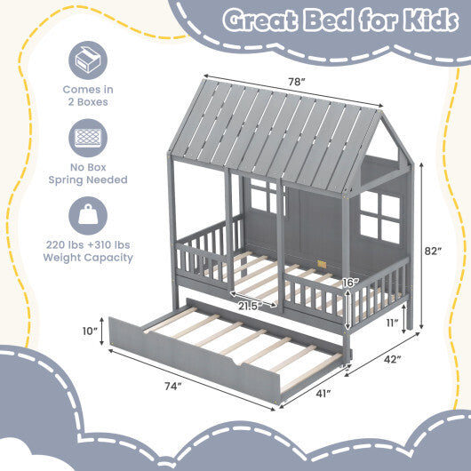 Twin Size Bed Frame House Bed with Trundle and 82 Inch Tall Roof-Gray