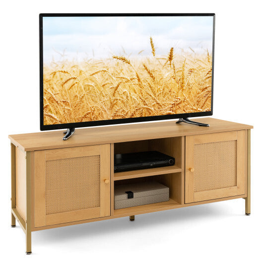 Boho TV Stand for TV up to 55 Inches with Faux Rattan Door-Natural