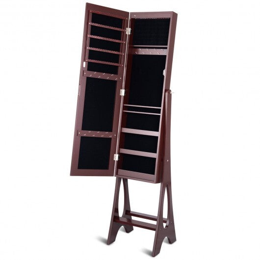 LED Jewelry Cabinet Armoire Organizer with Bevel Edge Mirror-Brown
