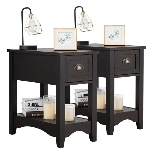 Set of 2 Contemporary Side End Table with Drawer -Brown