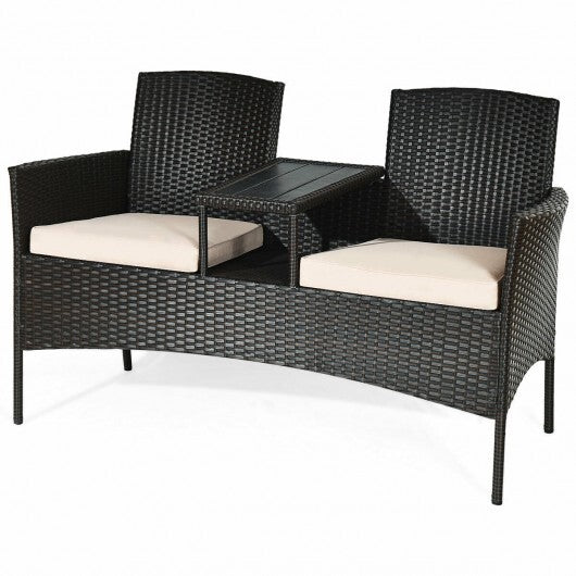 Modern Patio Conversation Set with Built-in Coffee Table and Cushions-Beige