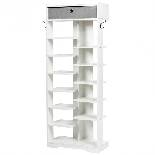 Wooden Free Standing Shoe Storage Shelf with Fabric Drawer-White