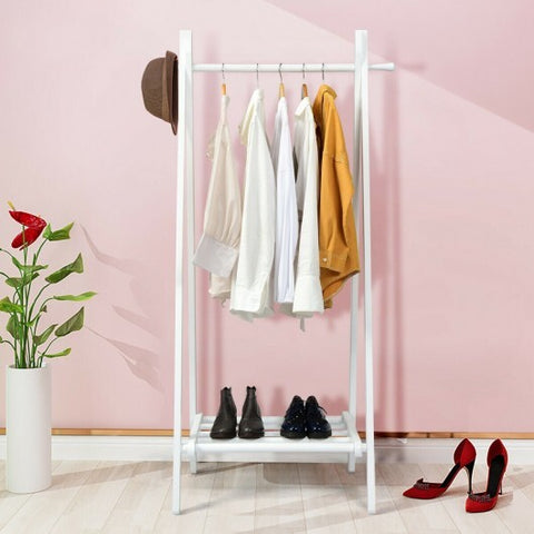 A-Frame Wood Clothing Hanging Rack with Storage Shelf-White