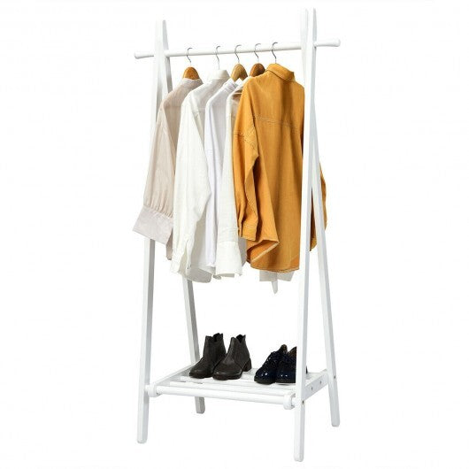 A-Frame Wood Clothing Hanging Rack with Storage Shelf-White