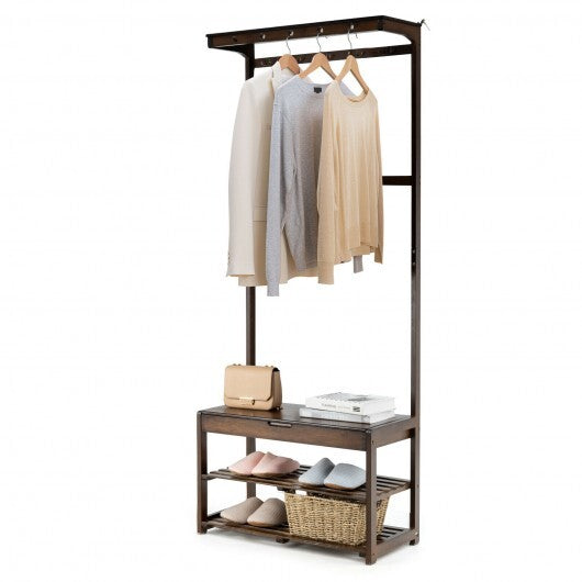 5 In 1 Bamboo Coat Rack Shoe Bench Entryway Hall Tree with Storage Box-Coffee
