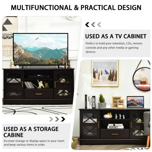 Glass Door TV Stand with Drawer Storage Shelves-Brown