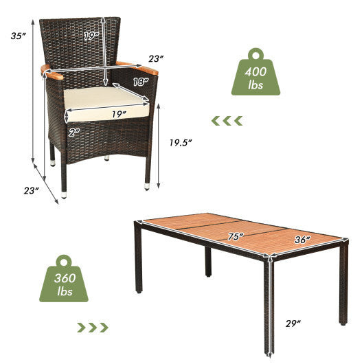9 Pieces Rattan Dining Set with Acacia Wood Table and Stackable Cushioned Chairs