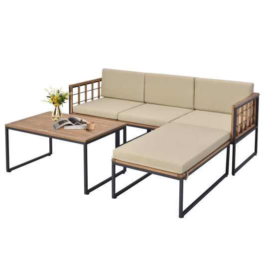 5 Pieces Patio Furniture Set Acacia Wood Sectional Set with Heavy-Duty Metal Frame-Beige