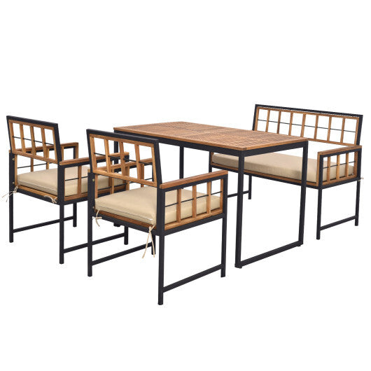 4 Pieces Acacia Wood Patio Dining Set with 1 Rectangular Table