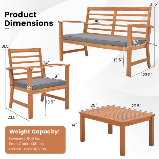 4 Pieces Outdoor Furniture Set with Stable Acacia Wood Frame-Gray