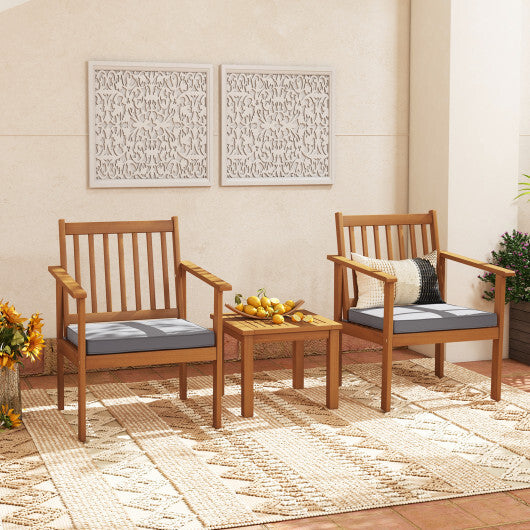 3 Pieces Patio Wood Furniture Set with soft Cushions for Porch-Gray