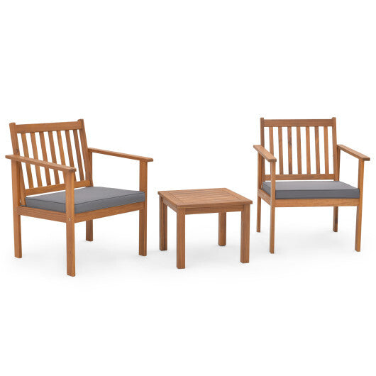 3 Pieces Patio Wood Furniture Set with soft Cushions for Porch-Gray