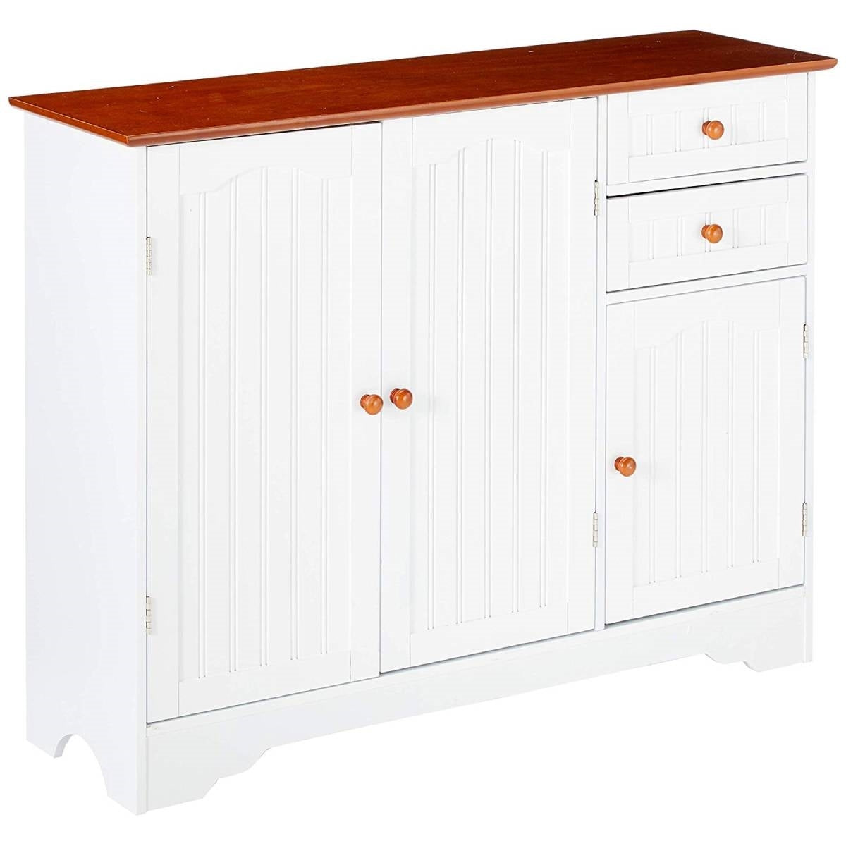 White Wood Sideboard Buffet Cabinet with Walnut Finish Top and Knobs