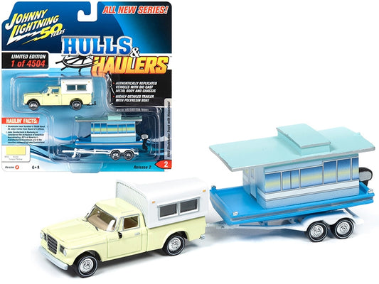 1960 Studebaker Pickup Truck with Camper Shell Jonquil Yellow with Houseboat Limited Edition to 4,504 pieces Worldwide "Hulls & Haulers" Series 2 "Johnny Lightning 50th Anniversary" 1/64 Diecast Model Car by Johnny Lightning