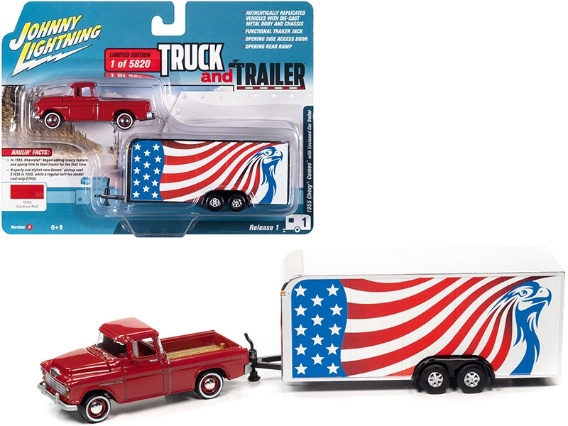 1955 Chevrolet Cameo Pickup Truck Cardinal Red with Enclosed Car Trailer with American Flag Graphics Limited Edition to 5820 pieces Worldwide "Truck and Trailer" Series 1/64 Diecast Model C