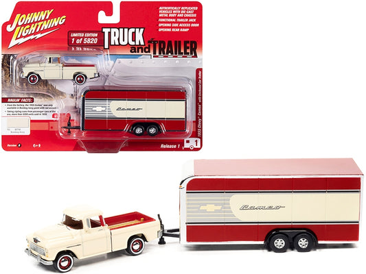 1955 Chevrolet Cameo Pickup Truck Bombay Ivory with Enclosed Car Trailer Limited Edition to 5820 pieces Worldwide "Truck and Trailer" Series 1/64 Diecast Model Car by Johnny Lightning