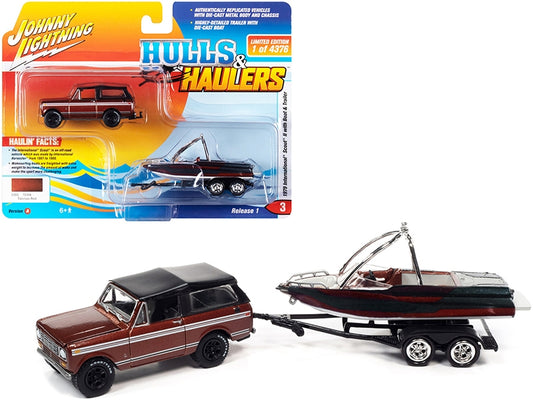 1979 International Scout II Tahitian Red Metallic with Black Top with Malibu Boat and Trailer Limited Edition to 4376 pieces Worldwide "Hulls & Haulers" Series 1/64 Diecast Model Car by Johnny Lightning