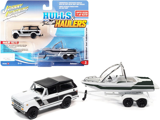 1979 International Scout II Winter White and Black with Malibu Boat and Trailer Limited Edition to 4376 pieces Worldwide "Hulls & Haulers" Series 1/64 Diecast Model Car by Johnny Lightning