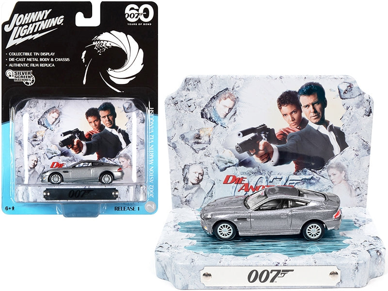 2002 Aston Martin V12 Vanquish Tungsten Silver Metallic with Collectible Tin Display "007" (James Bond) "Die Another Day" (2002) Movie "60 Years Of Bond" 1/64 Diecast Model Car by Johnn