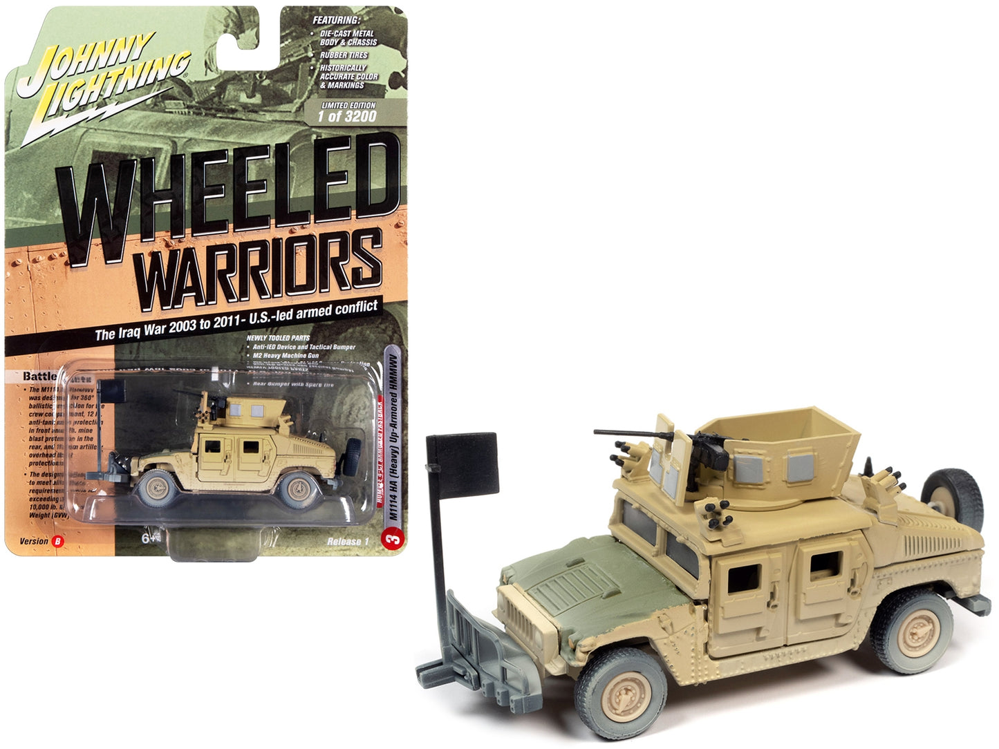 Humvee 4-CT Armored Fastback M1114 HA Heavy Up-Armored HMMWV Tan with Green Hood (Battle Worn) "The Iraq War 2003 to 2011 - U.S. - Led Armed Conflict" "Wheeled Warriors" Limited Edition t