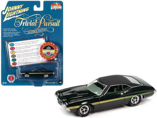 1972 Ford Gran Torino Sport Green Metallic with Matt Black Top and Green Stripes with Poker Chip (Collector Token) and Game Card "Trivial Pursuit" "Pop Culture" 2022 Release 1 1/64 Diecas