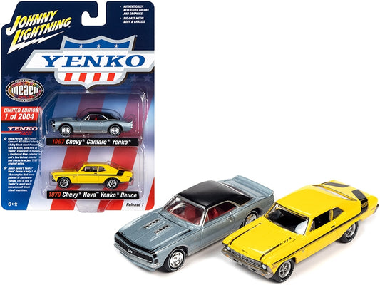 1967 Chevrolet Camaro Yenko Blue Metallic with Black Top and 1970 Chevrolet Nova Yenko Deuce Yellow MCACN (Muscle Car & Corvette Nationals) Set of 2 Cars Limited Edition to 2004 pieces Worldwide 1/64 Diecast Model Cars by Johnny Lightning