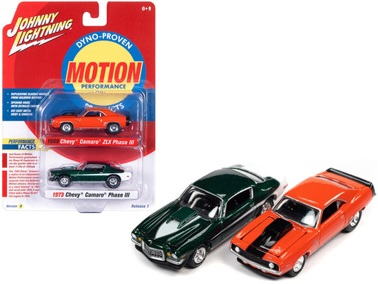 1969 Chevrolet Camaro ZLX Phase III Hugger Orange with Black Stripes and 1973 Chevrolet Camaro Phase III Dark Green Metallic and White "Baldwin Motion" Set of 2 Cars 1/64 Diecast Model Cars