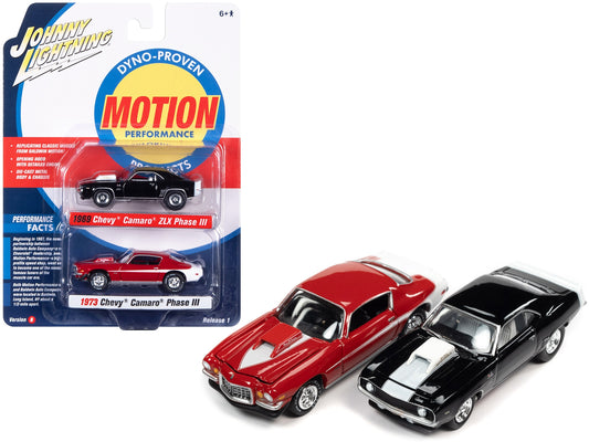 1969 Chevrolet Camaro ZLX Phase III Black with White Stripes and 1973 Chevrolet Camaro Phase III Medium Red and White "Baldwin Motion" Set of 2 Cars 1/64 Diecast Model Cars by Johnny Lightn