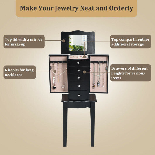 Jewelry Armoire with Top Flip Mirror and 4 Drawers
