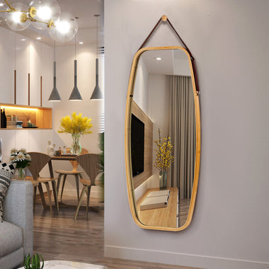 Modern Wall Mirror with Bamboo Frame and Adjustable Leather Strap
