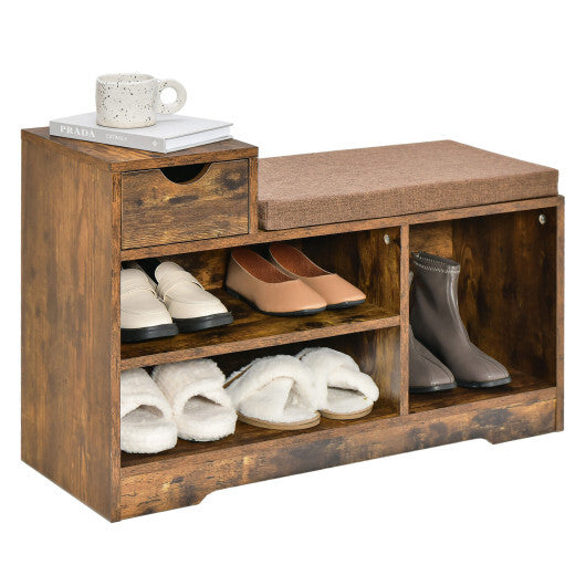 Entryway Storage Shoe Bench with 1 Storage Drawer and 3 Open Compartments-Rustic Brown