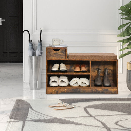 Entryway Storage Shoe Bench with 1 Storage Drawer and 3 Open Compartments-Rustic Brown