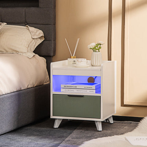 Modern Nightstand with LED Lights Sliding Drawer and Open Compartment-White