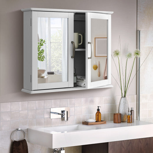 2-Tier Bathroom Wall-Mounted Mirror Storage Cabinet with Handles-White