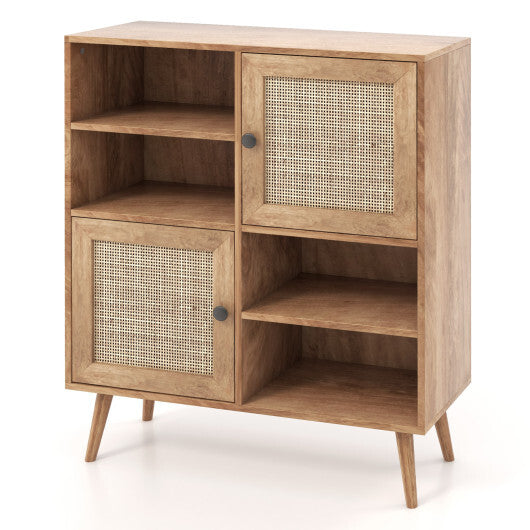 Rattan Buffet Cabinet with 2 Doors and 2 Cubbies-Natural