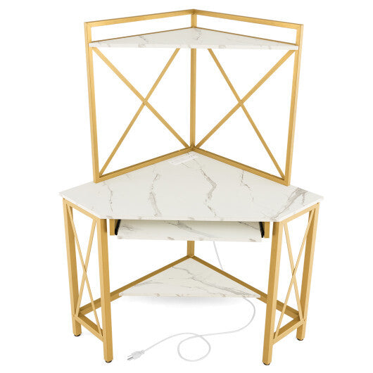 Space-Saving Corner Computer Desk with with Hutch and Keyboard Tray-Rust Brown