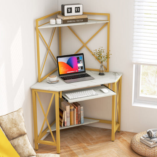 Space-Saving Corner Computer Desk with with Hutch and Keyboard Tray-Rust Brown