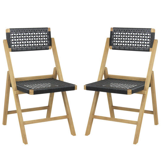 Set of 2 Folding Chairs Teak Wood Dining Chairs with Woven Rope Seat and Back