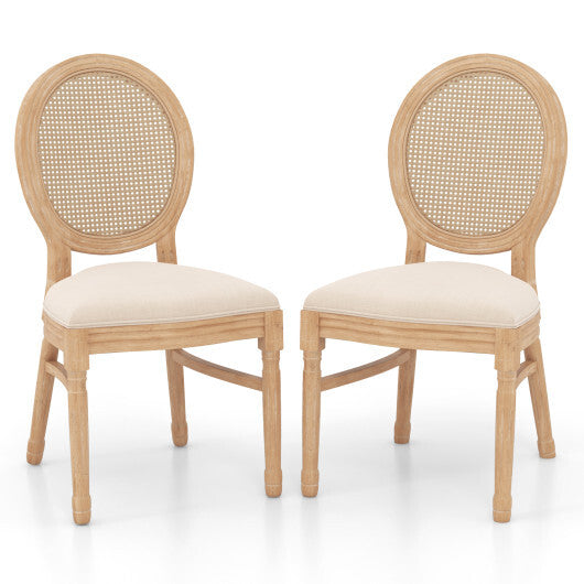 Set of 2 Dining Chairs French Style Kitchen Chair with Hand-Woven Rattan Backrest-Beige