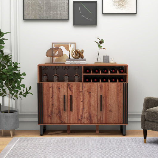 Home Wine Bar Cabinet with 3 Doors and Adjustable Shelves-Brown